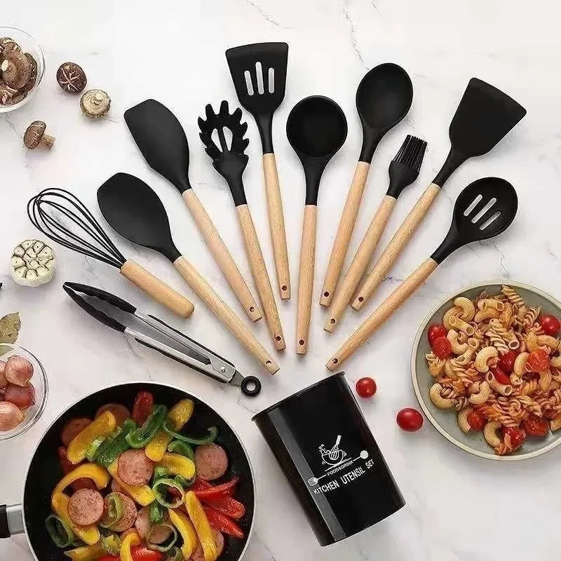 Kit Utensílios de Cozinha Silicone com Cabo de Madeira - 12 Peças - Odame