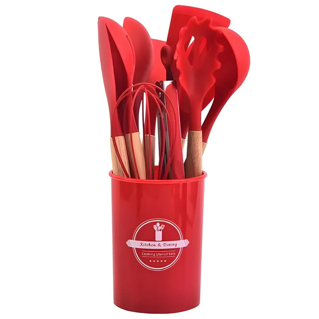 Kit Utensílios de Cozinha Silicone com Cabo de Madeira - 12 Peças - Odame