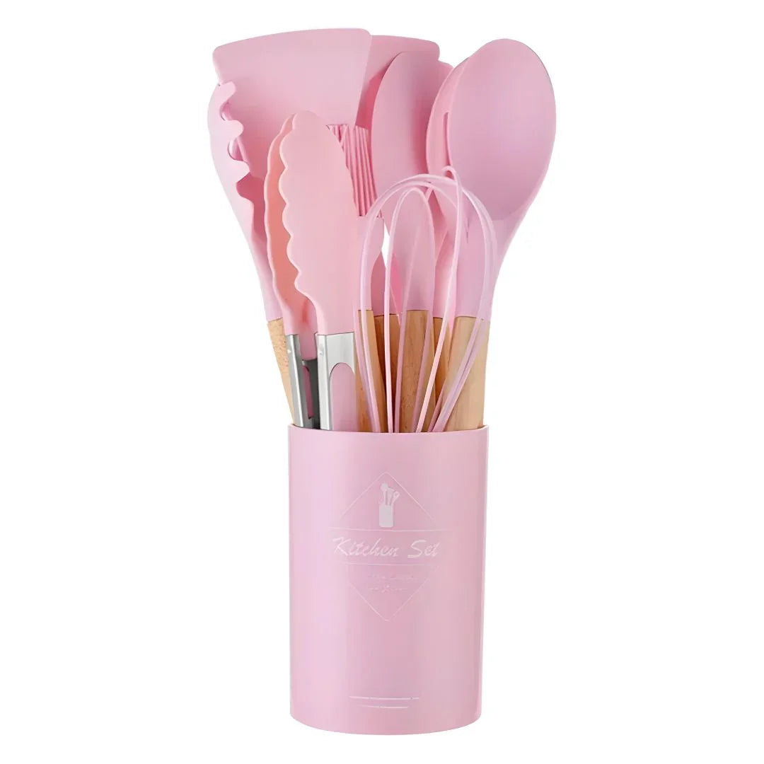 Kit Utensílios de Cozinha Silicone com Cabo de Madeira - 12 Peças - Odame