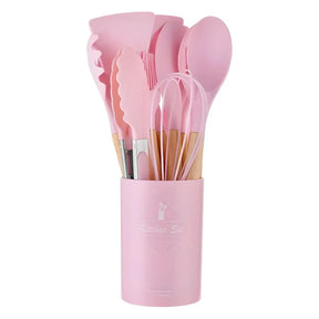 Kit Utensílios de Cozinha Silicone com Cabo de Madeira - 12 Peças - Odame