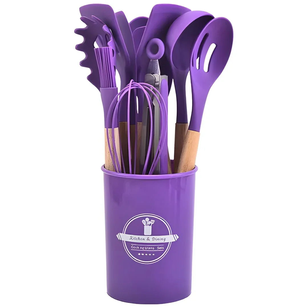 Kit Utensílios de Cozinha Silicone com Cabo de Madeira - 12 Peças - Odame