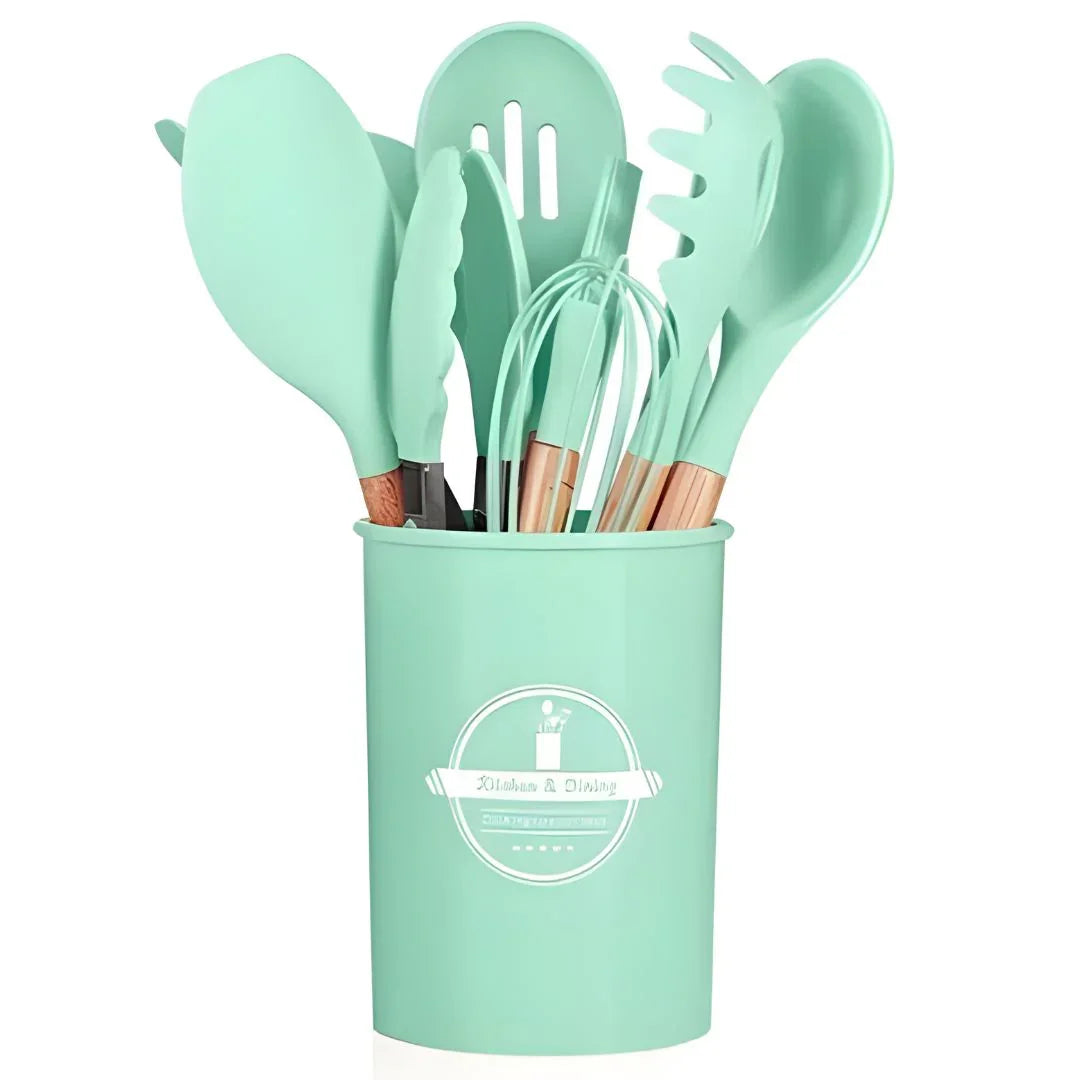 Kit Utensílios de Cozinha Silicone com Cabo de Madeira - 12 Peças - Odame