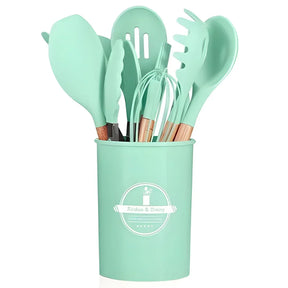 Kit Utensílios de Cozinha Silicone com Cabo de Madeira - 12 Peças - Odame