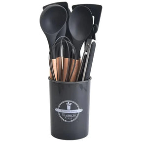 Kit Utensílios de Cozinha Silicone com Cabo de Madeira - 12 Peças - Odame