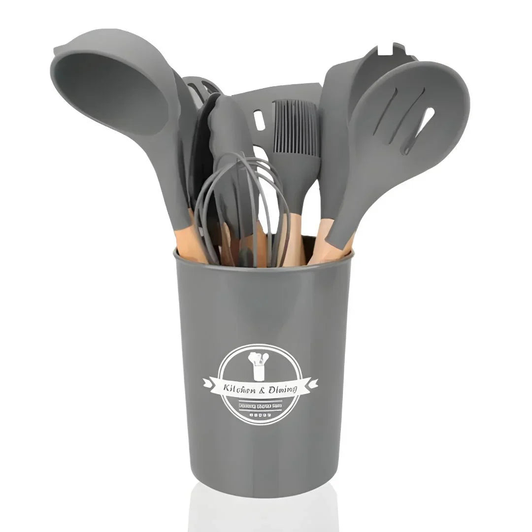 Kit Utensílios de Cozinha Silicone com Cabo de Madeira - 12 Peças - Odame